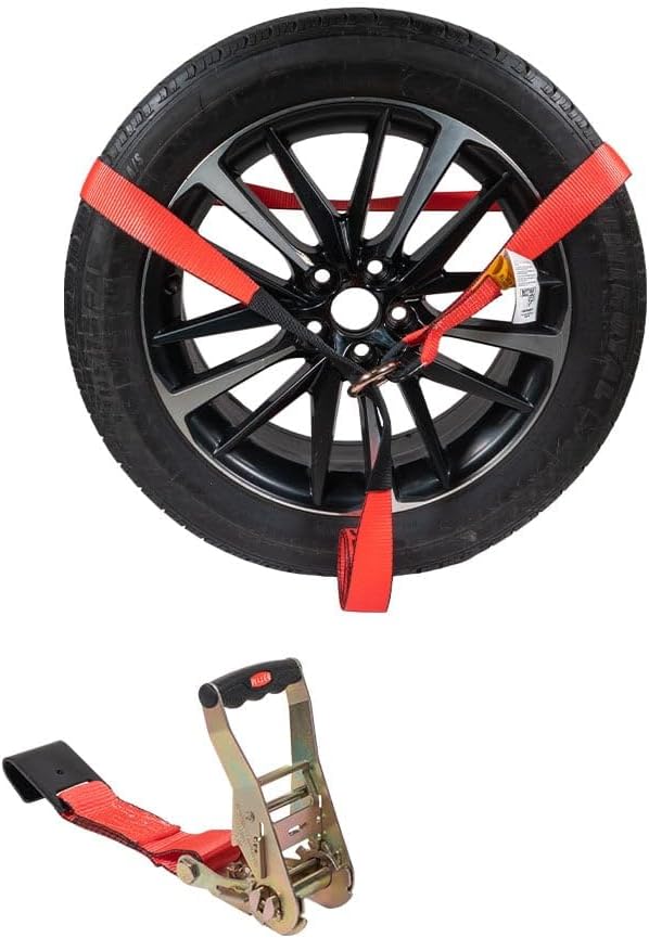 Mytee Products 8 Pack 2" x 120" Car Tie Down Straps for Trailer with Flat Hook - 3333 LB WLL Red Lasso Style Tire Straps for Car Trailer with Ratchets - Vehicle Tie Down Wheel Straps for Hauling Cars