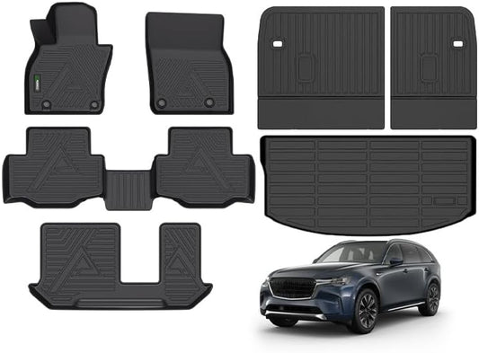 ANBINGO® Floor Mats & SeatBack Cargo Liner | CX90 2024-2025 8 Passenger | 2nd Row with Bench Seat | (60/40 Velcro Tape Fixed Backmats) TPE 3 Rows Waterproof Car Mat