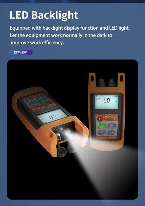 FTTH Fiber Optic Power Meter 7 Wavelengths KPM-25V OPM -70~+10dBm & LED Light & Independent VFL Function Test Distance 5-8km5-8km Accuracy: +0.2dB