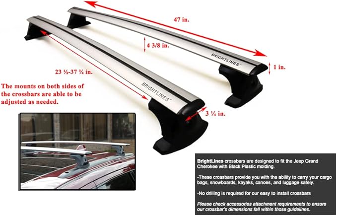 BRIGHTLINES Heavy Duty Anti-Theft Premium Aluminum Roof Bars Roof Rack Crossbars Compatible with 2011-2021 Jeep Grand Cherokee with Roof Black Plastic Moldings (Silver)