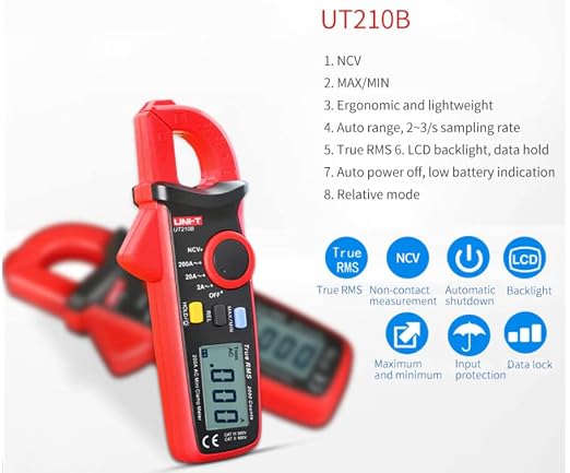 UNI-T UT210B Mini Clamp Meter - TRMS True RMS Measurement, NCV Non-Contact Voltage Detection, AC/DC Current (2-200A)/Voltage/Resistance Tester, Auto Range, Overload Protection, CE & US-Canada Certifie