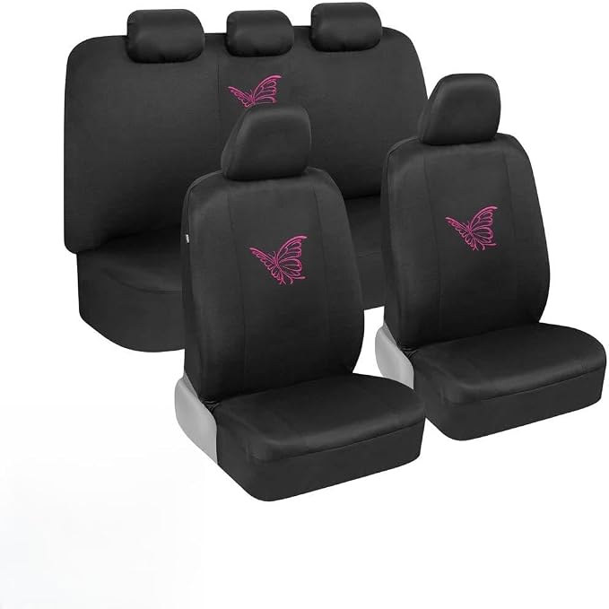 BDK Pink Butterfly Print Car Seat Covers, Full Set with Steering Wheel Cover and Seat Belt Pads, Front and Rear Universal Fit for Car Truck SUV Van, Cute Auto Interior Accessory for Women Girl