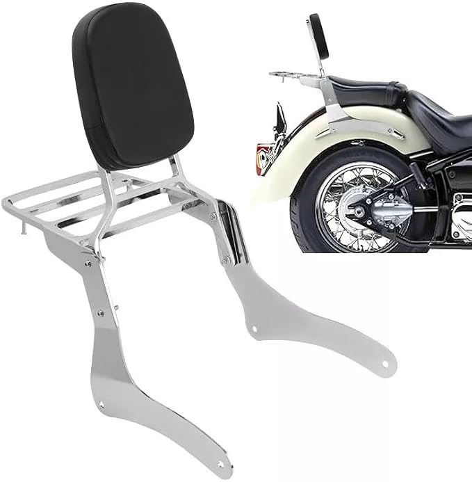 Comfortable Leather Backrest Sissy Bar + Luggage Rack Pad Compatible With Kawasaki Vulcan 900 VN900 1996-2018 (Chrome) (Chrome)