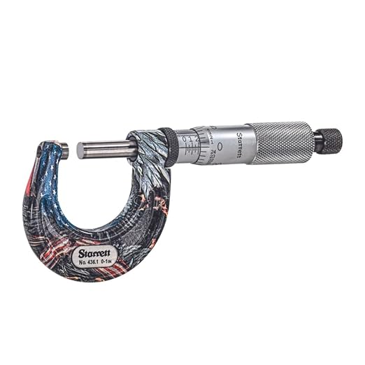 Starrett Outside Micrometer with One-Piece Spindle, Satin Chrome Finish and Advanced Sleeve Design - American Pride Theme, 0-1" Range, .0001" Graduation - APT436.1XRL-1