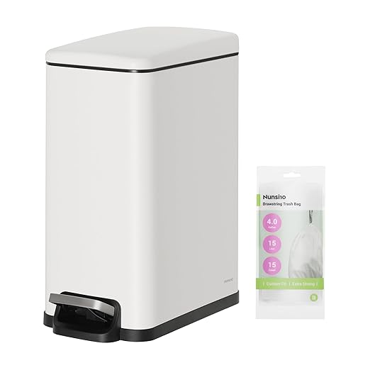 Nunsino Small Bathroom Trash Can with 15 Garbage Bags,2.6 Gallon Stainless Steel Garbage Can with Lid Soft Close,Small Trash Bin for Bathroom,Kitchen,Home Office,White