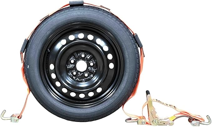 Mytee Products 2" x 9' Over The Tire Wheel Straps with Swivel J Hooks and Rubber Blocks for Car Haulers - High Abrasion Orange Webbing - Car Tie Down Ratchet Straps Truck Trailer Auto Tie Down