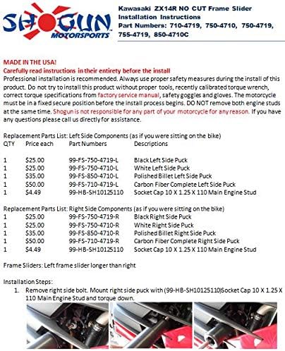 Shogun USA Made Kaw ZX14R 2012 2013 2014 2015 2016 2017 2018 2019 2020 2021 2022 2023 2024 2025 Black Comp No Cut Frame Slider Kit Includes No Cut Frame Sliders Swing Arm Spools and Bar Ends 755-4719