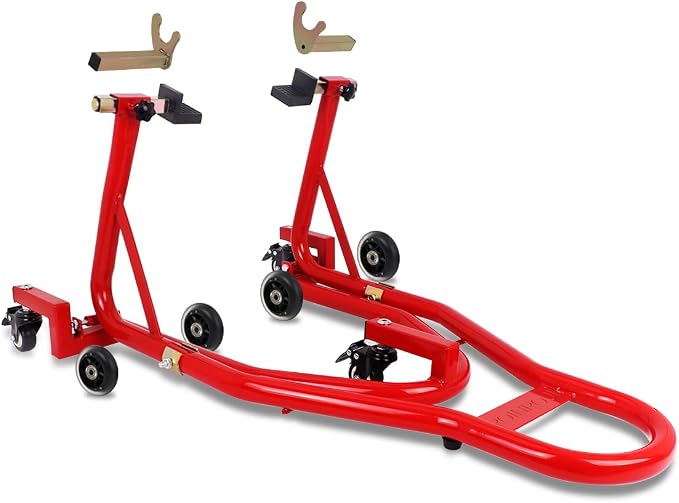 Universal 360°Motorcycle Stand Paddock Rear Lift Combo Bike Wheel Fork Stands Motorcycles Swingarm Spool Stand Adjustable Dismantable Compatible Most for Yamaha Honda Kawasaki Suzuki Red
