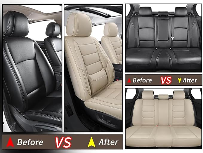 Leather Car Seat Covers Full Set Breathable Automotive Seat Covers Waterproof Seat Protectors Fit for Most Automotive Cars SUV Trucks Vehicle (Beige, Full Set)