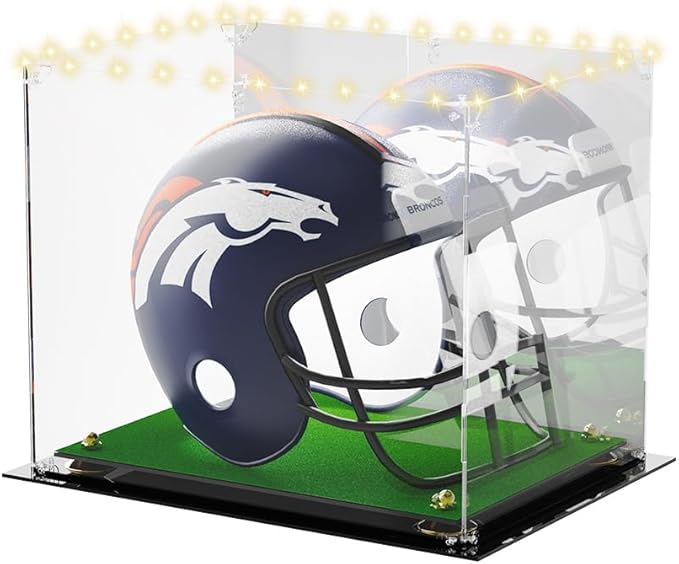 Football Helmet Display Case - Updated Full Size Acrylic Helmet Display Box for Baseball Motorcycle Hats - UV Protection Clear Showcase with Mirrored Back Turf Base & LED Tricolor Light Strip