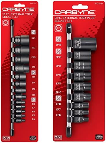 CARBYNE 13 Piece External Torx (eTorx) Socket Set (E4 to E24) AND 9 Piece External Torx Plus (eTorx Plus, aka 6 Lobe) Socket Set (E6 to E18). Chrome Vanadium Steel, 1/4-inch, 3/8-inch & 1/2-inch Dr.