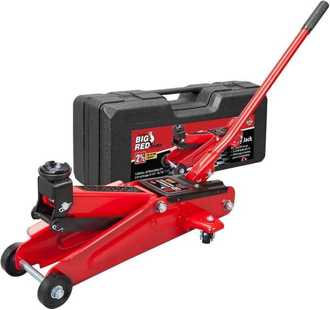 Big RED 2.5 Ton Low Profile Floor Jack, Portable Hydraulic Trolley Floor Service Jack with Blow Mold Carrying Storage Case, Red