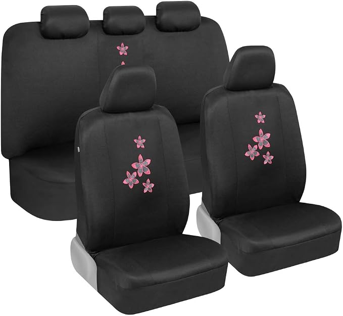 BDK Pink Floral Flower Print Car Seat Covers, Full Set with Steering Wheel Cover and Seat Belt Pads, Front and Rear Universal Fit for Car Truck SUV Van, Cute Auto Interior Accessory for Women