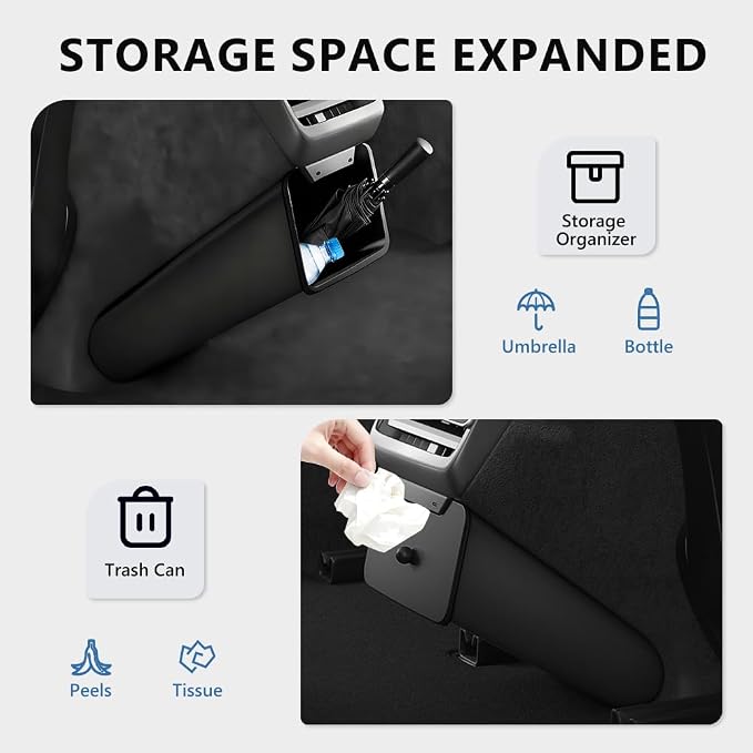 Rear Trash Can Compatible with 2024 2025 Model 3 Highland (Not for 2017-2023 Model 3), [Magnetic Lid] TPE Garbage Can Bin Accessories, Rear Center Console Storage Box Organizer, Black, 1 PC