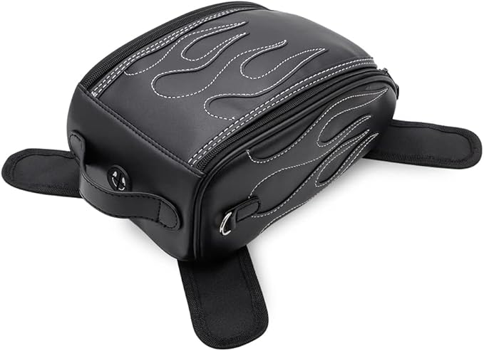 evomosa Motorcycle Tank Bag with Straps and Waterproof Cover, Black PU Leather Gas Oil Fuel Tank Bag Shoulder Bag Universal for Street Bike