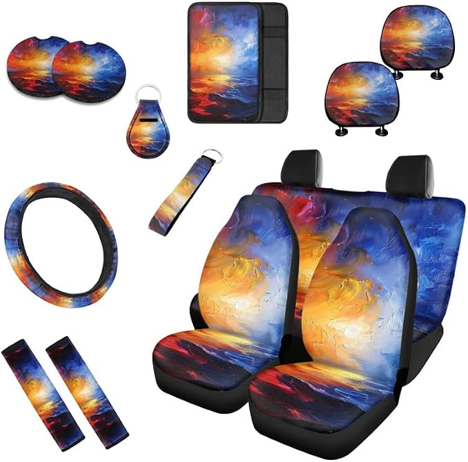 Sunrise Contrasting Color Gradient 13 Pack Car Accessories Set Include Car Sunup Oil Painting Front Seat Covers Car Decorations,Car Cup Pad Seat Belt Shoulder Pads, Universal Size, F9-13B