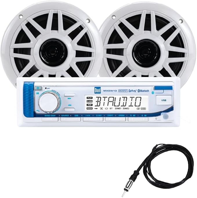 Dual Electronics MXP152W Marine Stereo with (2) 6.5" Marine Speakers & Antenna | AM/FM Boat Radio Digital Media Receiver with Built-in Bluetooth | USB Playback with 2.1A Fast Charging | White