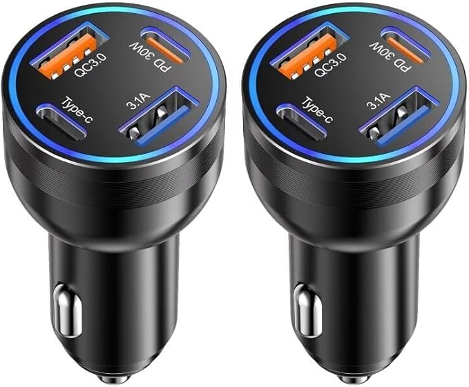 Car Charger USB C, 2Pack 4-Port 65W Cigarette Lighter USB Charger Fast Charging,Dual USB-C & USB-A Car Phone Charger Adapter Accessories for iPhone 17 16 15 14 13 Pro Max,iPad,Samsung,Tablet,Android