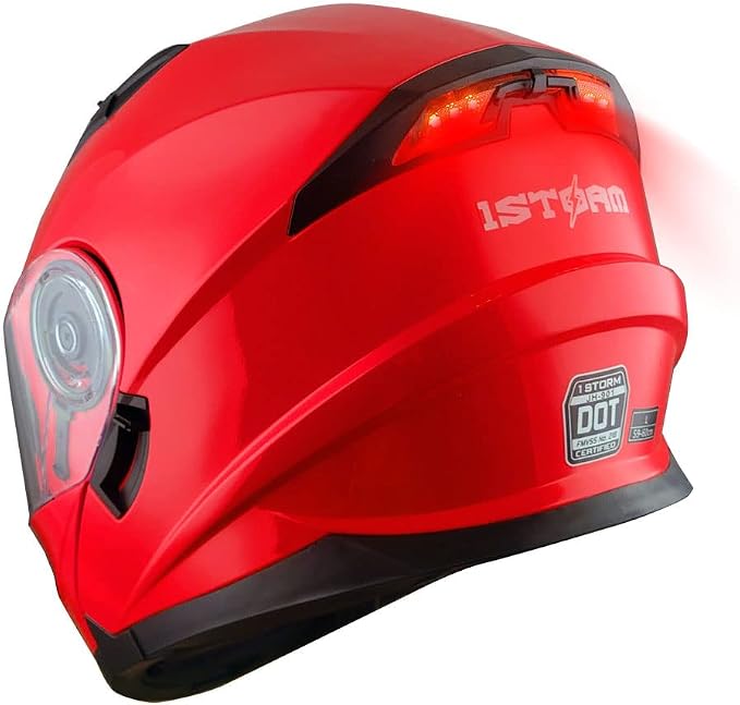 1Storm New Motorcycle Bike Modular Full Face Helmet Dual Visor Sun Shield with Rechargeable LED Tail Light: Glossy Red