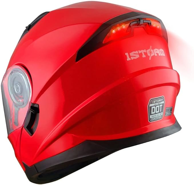 1Storm New Motorcycle Bike Modular Full Face Helmet Dual Visor Sun Shield with Rechargeable LED Tail Light: Glossy Red
