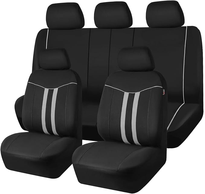 CAR PASS Line Rider Microfiber Leather Sporty Steering Wheel Cover and Sporty Cloth Full Set Car Seat Covers,Fits for 95% Truck,SUV,Cars, Anti-Slip Safety Comfortable Desgin (Black Gray)