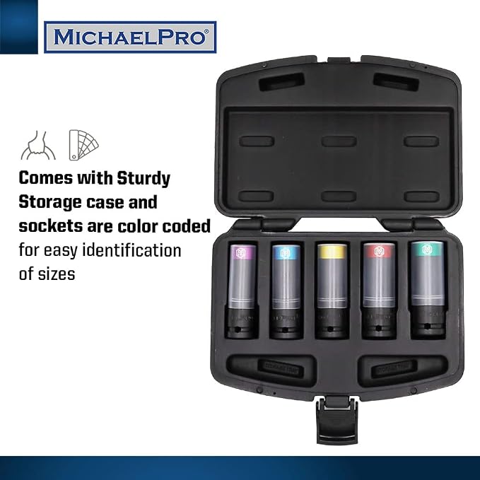 MichaelPro 5-Piece Power Impact Lug Nut Socket, Damage-Free 1/2-Inch Extra Tough Professional Thin Wall Wheel Protector Impact Sockets – 15, 17, 19, 21, 22mm| MP005030 (5-Piece)
