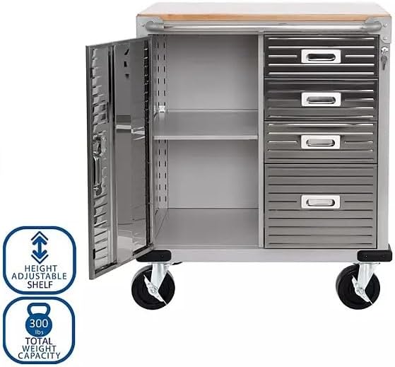 Heavy Duty Rolling Storage Cabinet with Wheels and Drawers, Workstation for Garage, Office, Workshop, 1 Door, 4 Drawer (28" W x 25" D x 34.5" H), Granite