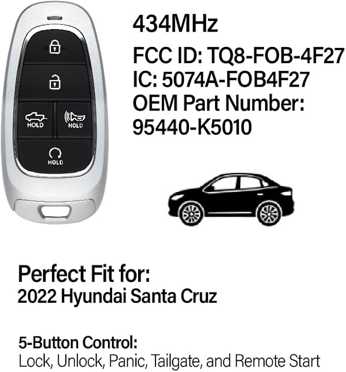 Replacement for 2022 Hyundai Santa Cruz Key Fob Remote Control TQ8-FOB-4F27 5 Buttons 47 Chip 434MHz