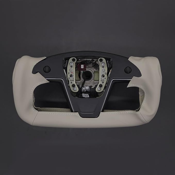 MEWANT Hand Stitch Grey Genuine Leather Steering Wheel Cover for Tesla Model S Plaid Yoke 2021-2023 Model X 2021-2023