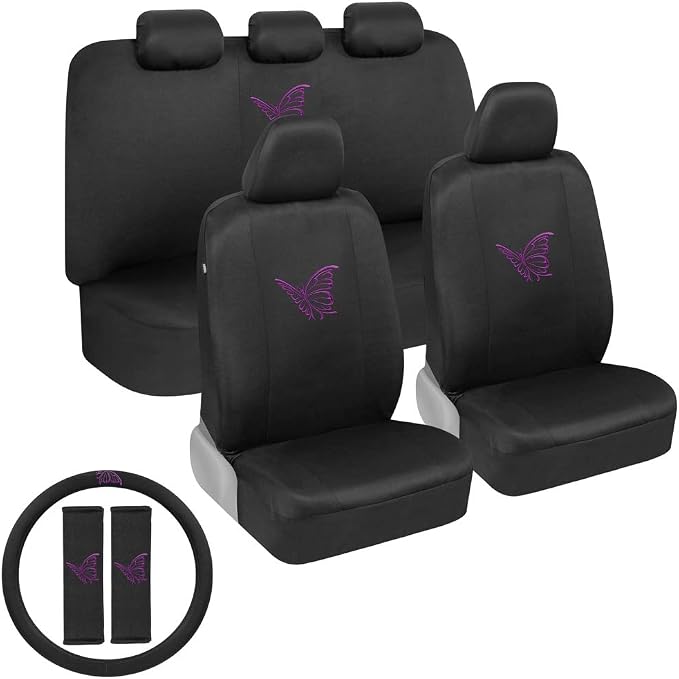 BDK Purple Butterflies Car Seat Covers for Women, Full Set with Steering Wheel Cover and Seat Belt Pads – Front and Rear Seat Covers for Cars with Matching Accessories, Fits Most Car Truck Van SUV