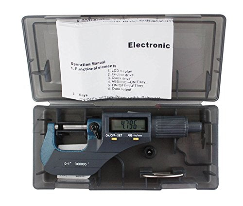Accusize Industrial Tools 0-1''/0-25 mm by 0.00005''/0.001 mm 2 Key Electronic Digital Outside Micrometer, Metric/Imperial, Md71-0001 | 2-Key Electronic Digital, Carbide-Tipped, Data Output, 0.00005 in Resolution