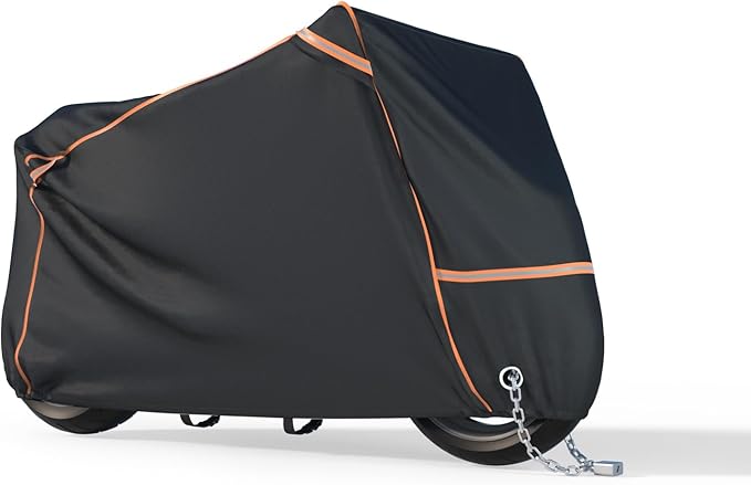 BENVOL 420D Heavy Duty Motorcycle Cover Waterproof Outdoor, 5000mm Rainproof Material Motorbike Cover with 2 Windproof Buckles, Lock Holes & Wide Reflective Strips, Anti-UV Sun Dust Protection