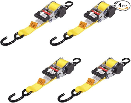 Mytee Products 4 Pk 2"x9.2' Bolt on Yellow Retractable Ratchet Straps for Cargo - Coated S Hook Auto Retract Ratchet Straps - Self Ratcheting Strap for Boat Tie Down to Trailer & Jet Ski, ATVs, Bikes