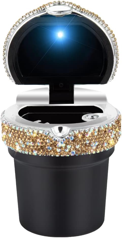eing Car Ashtray Portable Bling Cigarette Smokeless Cylinder Cup Holder with Blue LED Light Indicator and 2 Replacement Batteries,Car Accessories for Women,Ideal for Car,Home and Office,1-Pack Gold