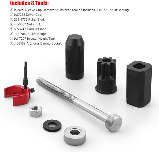 9U-7227 Injector Height Tool + 9U-6891 Injector Sleeve Remover Installer Set l+J-38587-a Engine Barring Socket Installer Tool Set Suitable For CAT Caterpillar 3406E C-15 C-16 Engines (8 PCS)