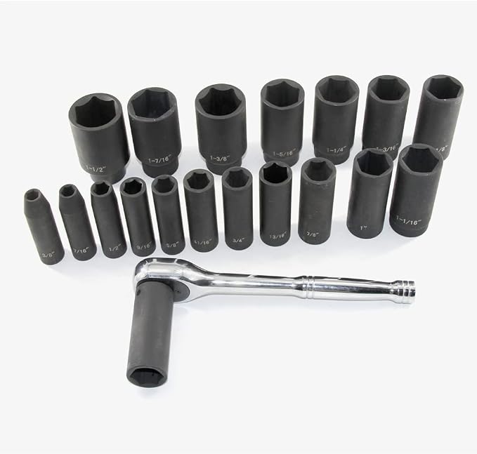 19pcs 1/2" Impact Socket Set, 6-Point Deep Socket, Cr-V Steel, 3/8 inch - 1-1/2 inch