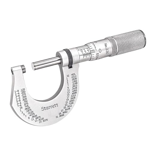 Starrett Outside Micrometer with One-Piece Spindle, Advanced Sleeve Design and Tapered Frame - Quick and Easy Adjustment, 0-1" Range, .0001" Graduation - T230XFL