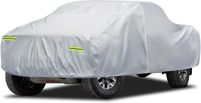 Truck Cover Waterproof All Weather, 6 Layers Pickup Cover with Zipper & Cotton Fit for Toyota Tacoma, Dodge Dakota, Nissan Titan (T2 Fit Truck Length Up to 230 inch), Silver