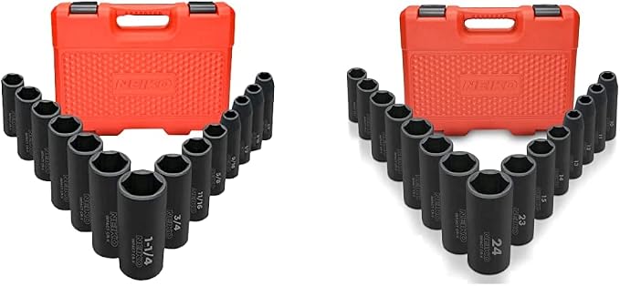 Neiko 1/2" Impact Socket Set, 14 Piece SAE Deep Socket Set (3/8-Inch to 1-1/14") and 15 Piece Metric Deep Socket Set (10-24 mm)