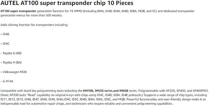 Autel AT100 Multi-Application Transponder Super Chip Used with XP200, XP400, XP400PRO for Vehicles for ID11/12/13/46/47/48/49/4A/4C/5C/4D/64/8A/8C (Pack of 10)