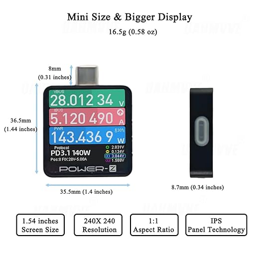 Power-Z KM003C USB C Tester, 1.54" Portable USB C Fast Charging Tester PD3.1 QC5.0 50V 6A 240W, Digital Voltmeter Ammeter Power Meter, for Charger Power Bank Cable Laptop