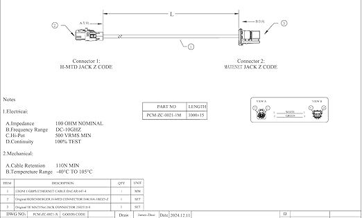 Original Rosenberger H-MTD Female to TE MATEnet Female Automotive Ethernet Cable 1Gbps E6K10A-1BZZ5-Z to 2302510-9 Shielded Connector 100/1000BASE-T1 for ADAS Camera, ECU, IVI Networking(1M/3.28FT)