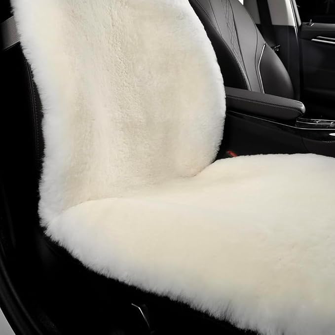Fluffy Fur Sheepskin Car Seat Cover Automotive Interior Accessories Seat Covers Accessories Seat Cushions， Soft Natural Pure Wool ，Universal Fits Most Cars SUVs (Ivory White, Universal Fit, pack of 2)