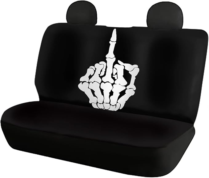 Biyejit Skeleton Shows Middle Finger Print Car Seat Covers and Steering Wheel Cover Full Set with Seat Belt Cover+Keychains+Automotive Cup Holders Universal Fit Car SUV Truck Sedan