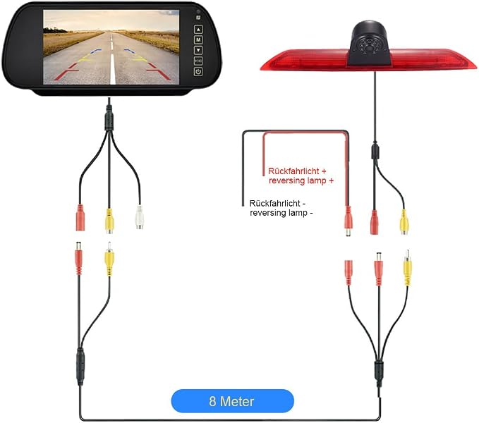 HD Brake Light Reversing Camera with 7 Inch Rear View Mirror Monitor, Waterproof Night Vision Rear View Camera Replacement for Ford Transit Tourneo Custom Jumbo Box V363 F150 F250 F350 V636 MK8