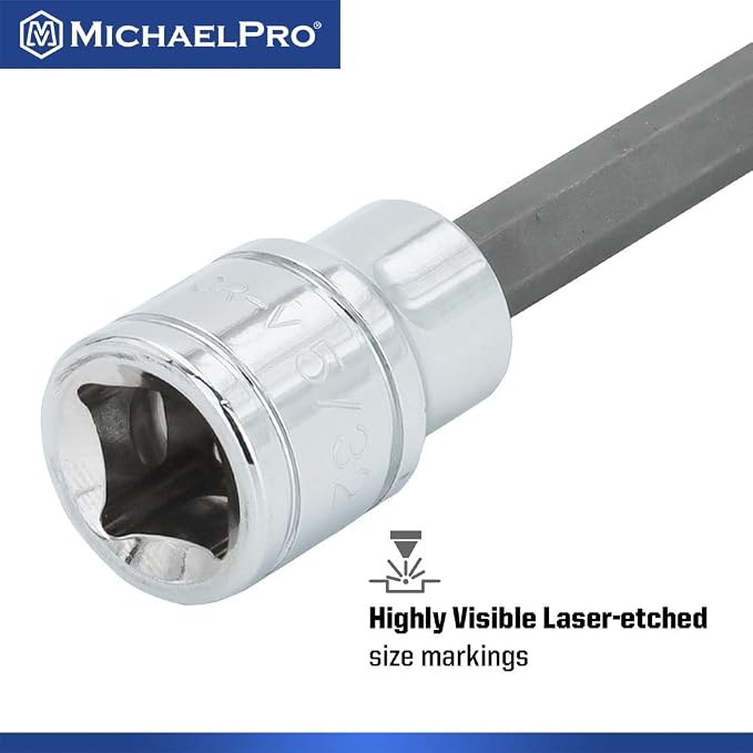 MichaelPro 18-Piece 3/8'' Drive Long Hex Bit Socket Set, SAE & Metric (1/8" - 3/8", 3-10 mm), 6-Inch Length for Deep Reach, High Torque Resistant CR-V and S2 Steel, Storage Case Included - MP012020