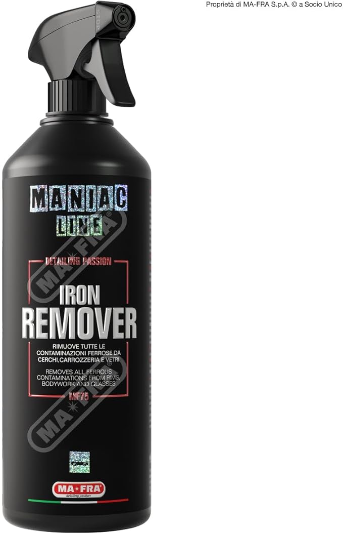 MANIAC LINE MAFRA Iron Remover | Rapid Metal Particle Dissolution for Safer Decontamination | Visual Reaction Guides Rinse | Bodywork Rims and Exterior Glass Pre Wash Step | 1 Liter