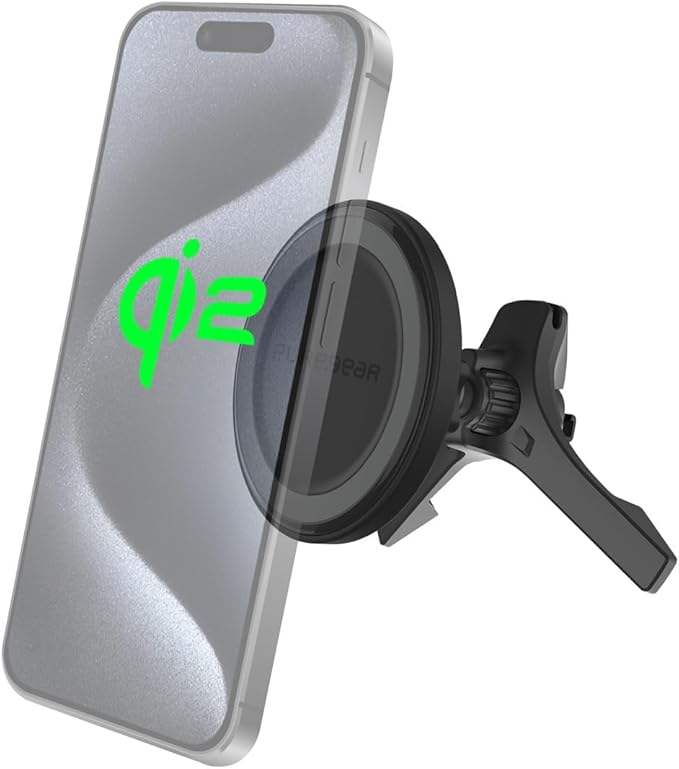 PureGear Qi2 Certified 15W MagSafe Car Mount Charger, Magnetic Wireless Car Charger, Car Phone Holder for iPhone 17/16/15/14/13/12, Air Vent/Dashboard, Super Fast Charging, Black