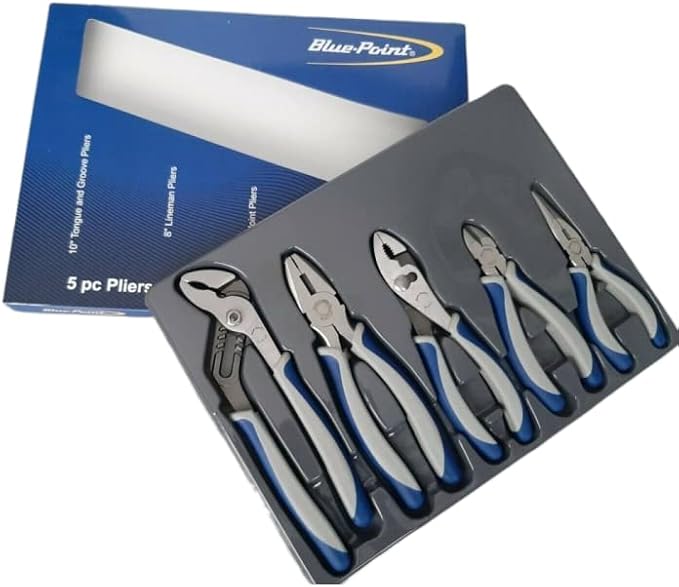Blue Point BPL501 5-Piece Pliers and Cutter Set with Storage Tray, Slip Joint, Lineman's, Needle Nose, Adjustable Joint and Diagonal Cutter