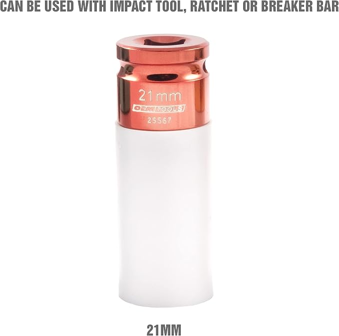 OEMTOOLS 25567 21MM Lug Nut Socket, 21 mm Socket 1/2 Drive for Wheel Service, Non-Marring Sleeve, Thin Wall, CR-MO Steel for Impact Tools, 400 Ft-Lb Max Torque